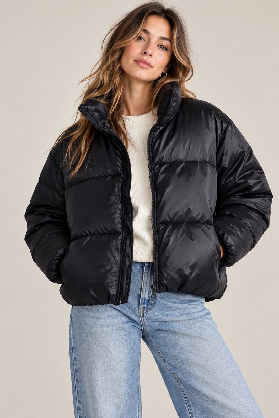 A New Day Short Puffer Jacket Black Size Large Zip Front